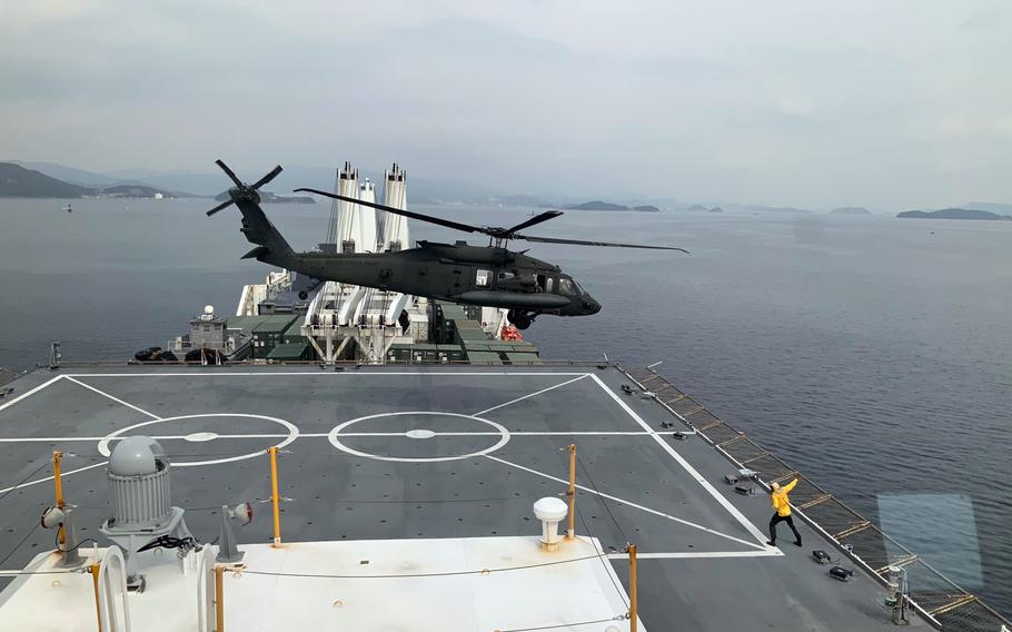 A recent deck landing practice was done on the USNS Dahl. (Photo: Stars and Stripes)