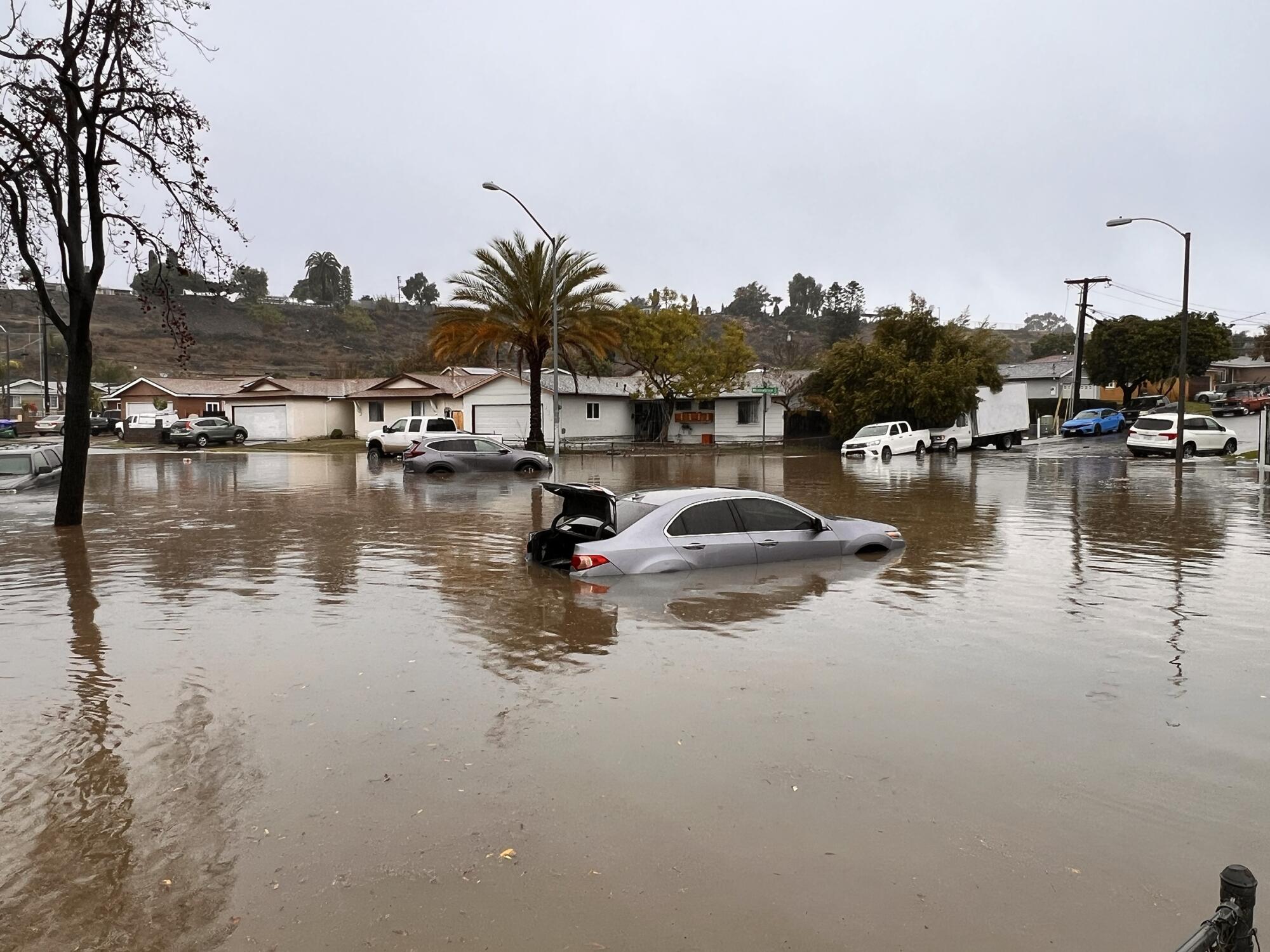 Flooded Imperial Ave. near Tailgate Park during a flash flood on late January 2024